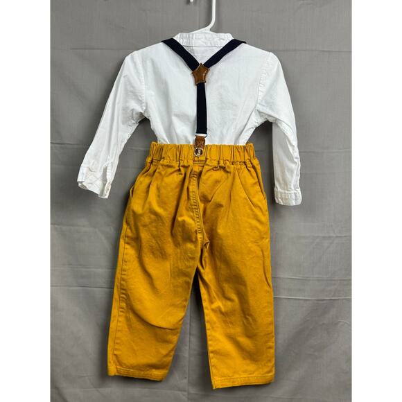 Toddler Boys Mustard Suspender Outfit - 3 Piece Shirt Suspenders Pants, Size 3T - Picture 2 of 5
